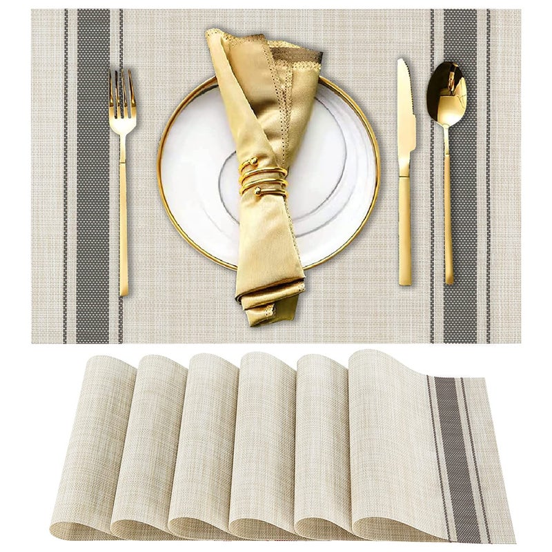 DACHUI Placemats Set of 6, Soft & Elegant Woven Vinyl Place Mats, Water Resistant, Heat Resistant, Washable, Durable Table Mats (Grey Stripes) - Image 1